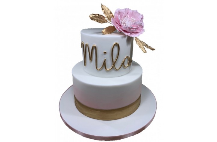 Gold Tiered Cake with Name & Flowers